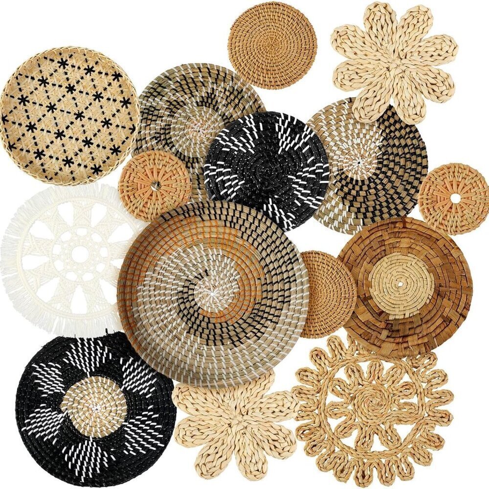 15 Pcs Boho Wall Basket Decor Handcrafted Seagrass Woven Wall Basket Rustic